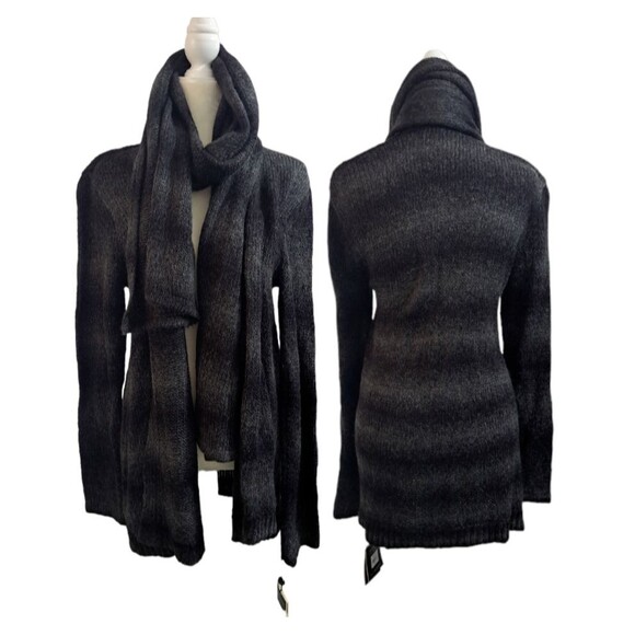 Elie Tahari Woman's Knit Open Cardigan Removable Scarf Grey Black Long Sleeves L - Picture 1 of 10